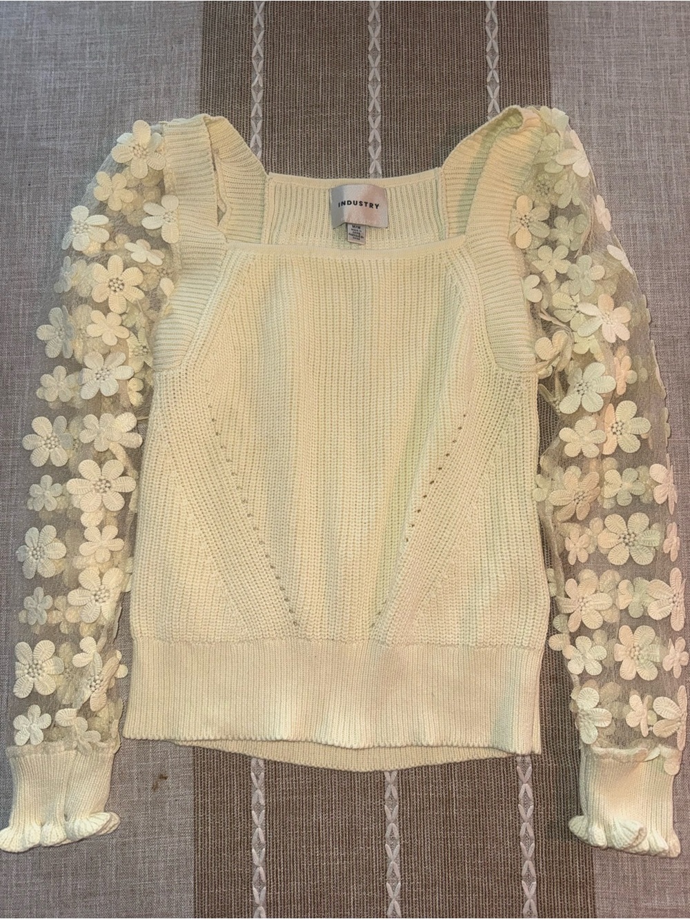 Yellow Floral-Sleeve Knit Sweater